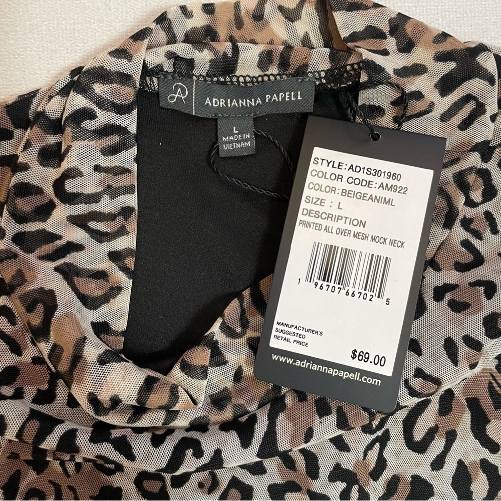 NWT New $69 Adrianna Papell Animal Print Turtleneck Mesh Long Sleeve Top Size L - Picture 8 of 11